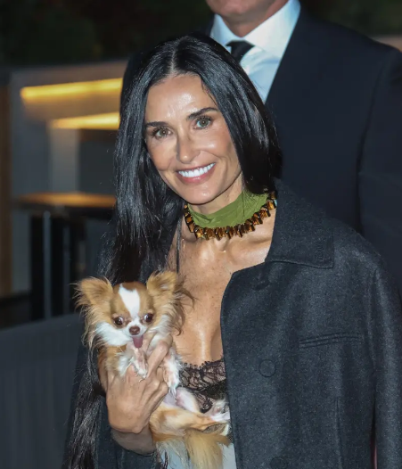 Demi Moore na modni reviji Gucci osupnila v prosojni obleki - seveda s čivavo Pilafom